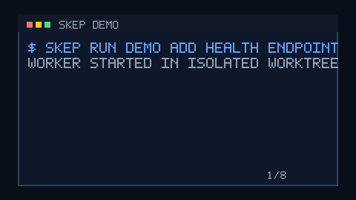 Skep terminal demo showing inline shell approval, review, branch approval, and a remembered approval template on the next run.